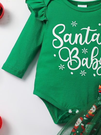 MINKIDFASHION Baby Girls Green Christmas Mesh Dress New Born Santa Baby Romper And Skirt Outfit, for Outdoor