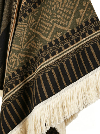 Men's Western Bandit Cape Coat with Tribal Print, Warm V-Neck Poncho with Tassel Trim for Outdoor Adventures, Fall and Winter Casual Wear (Brown/ White)