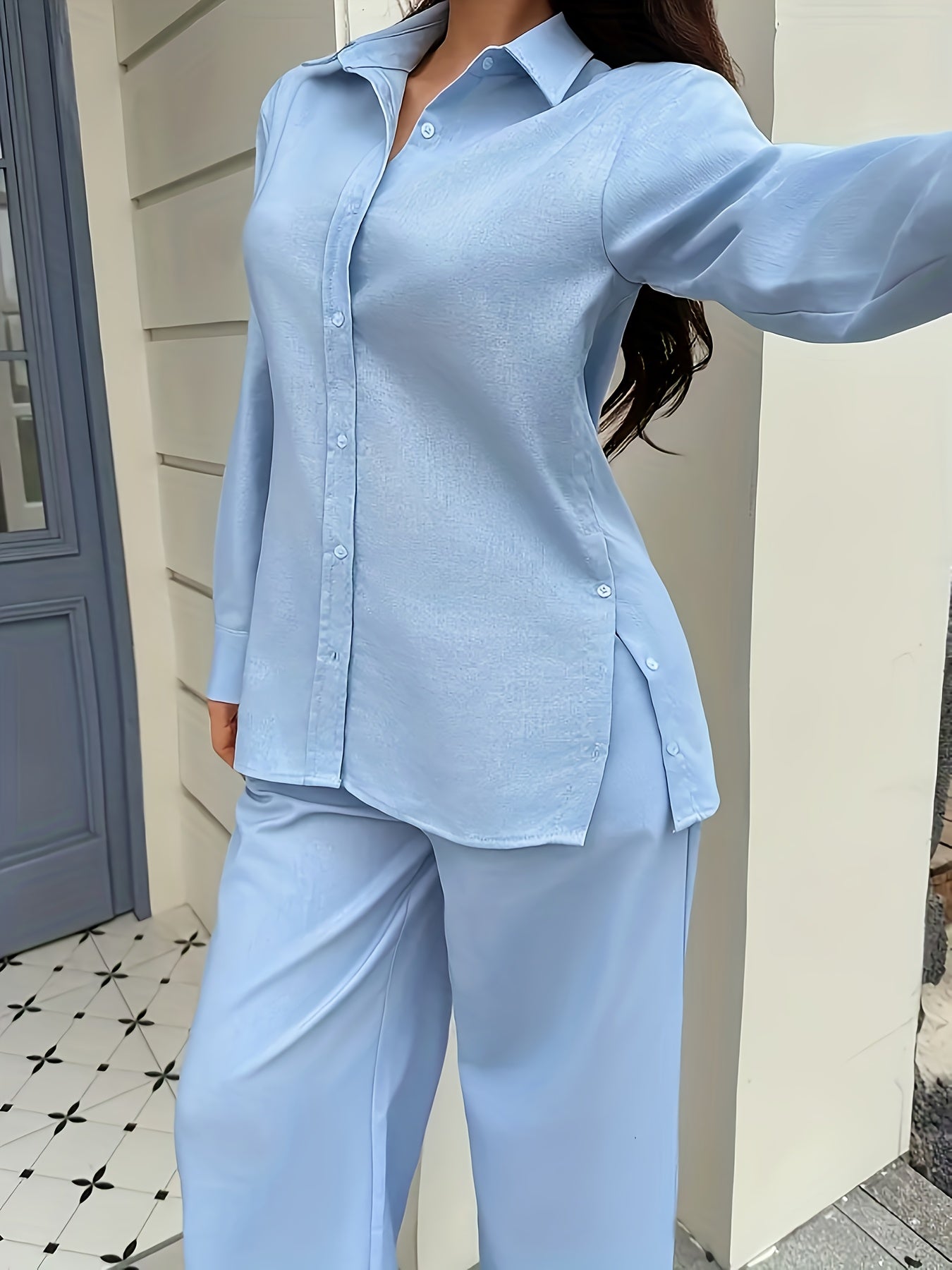 Women'S Casual V-neck Cardigan + Loose Wide-leg Pants 2pcs Set