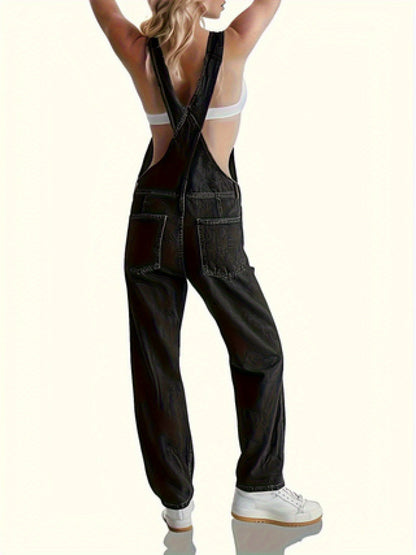 Solid Color Slant Pocket Coverall Jumpsuit, Casual Adjustable Strap Sleeveless Cross Back Coverall Jumpsuit, Suitable for Spring And Summer, Women'S Fashion