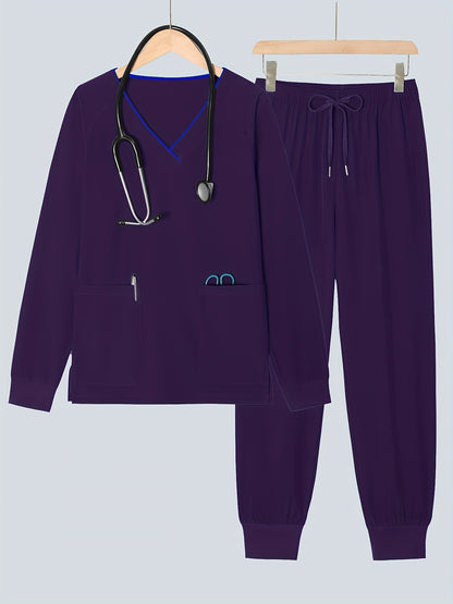 2pcs Women's V-Neck Matte Suit with Long Sleeve Stretch S Uniform Work Clothes Washable Pockets Breathable Elastic Top And Waist Cord Pocket Pants Set