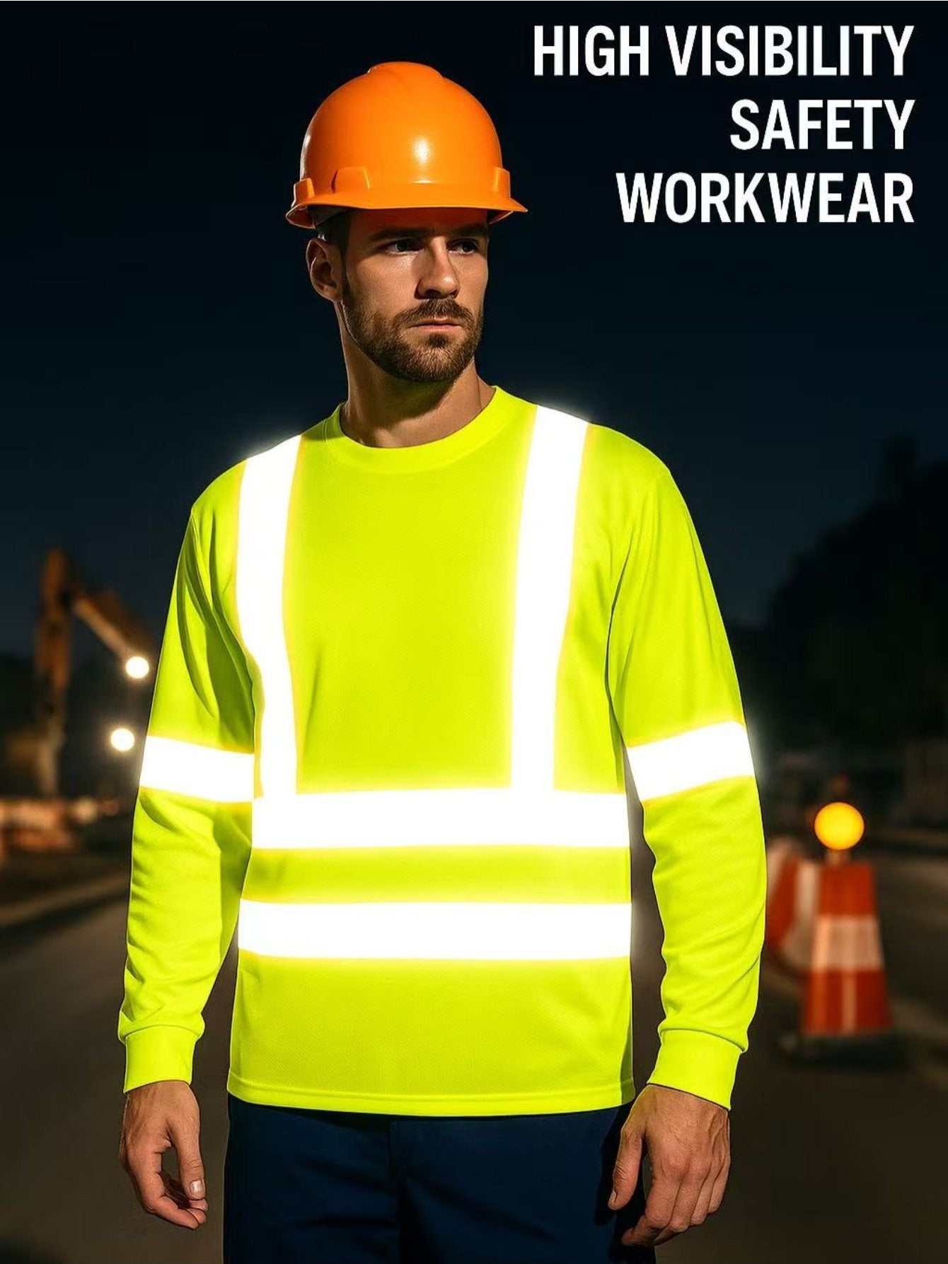3-Pack Hi-Vis Safety Long Sleeve Shirts with Reflective Stripes, Neon Yellow Workwear