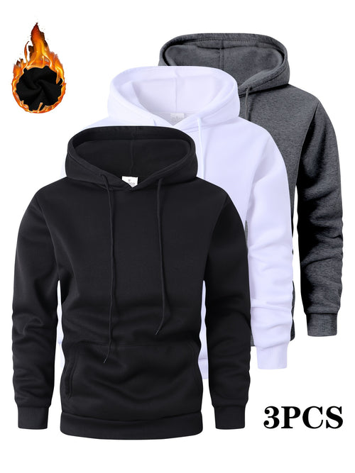3pcs Men's Thick Hooded Sweatshirts in Solid Color - Casual & Sporty Pullover Hoodies, Long Sleeve, Loose Fit, Machine Washable for Fall & Winter