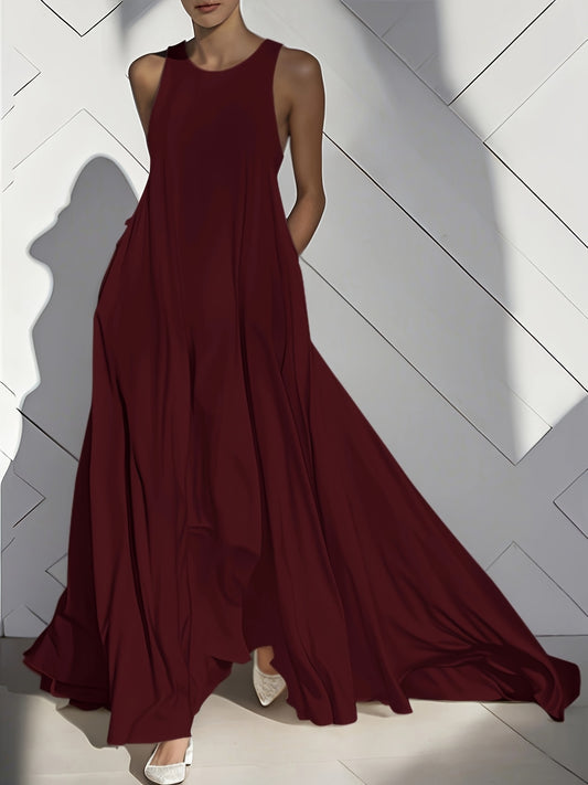 Women'S Long Dress, Summer Sleeveless Pocket Solid Skirt, Flared Ruffled Cutout Round Neck Loose Casual Vacation Fashion Everyday Pleated Maxi Dress