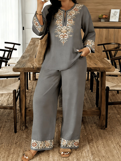 Women's Standard Size Long-sleeve and Long-pants 2pcs Set, Spring/summer New V-neck Buttoned Three-quarter Sleeve Shirt with Printed Elastic Waistband Long Pants, 2pcs Set, Digital Print, Machine Washable, Fabric