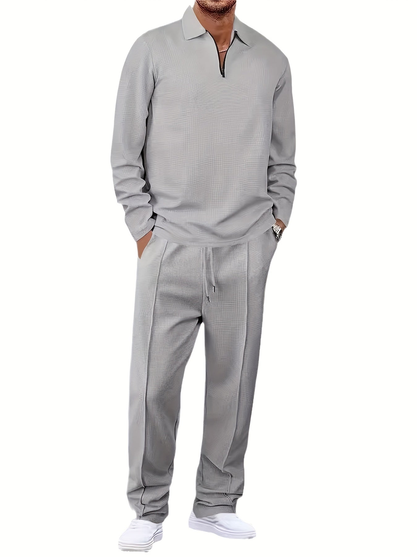 Mens 2pcs Outfits, New Spring Fall Waffle Knit Long Sleeve Top & Pants Set, Comfortable Breathable Casual Sports Tracksuit for Daily Workout