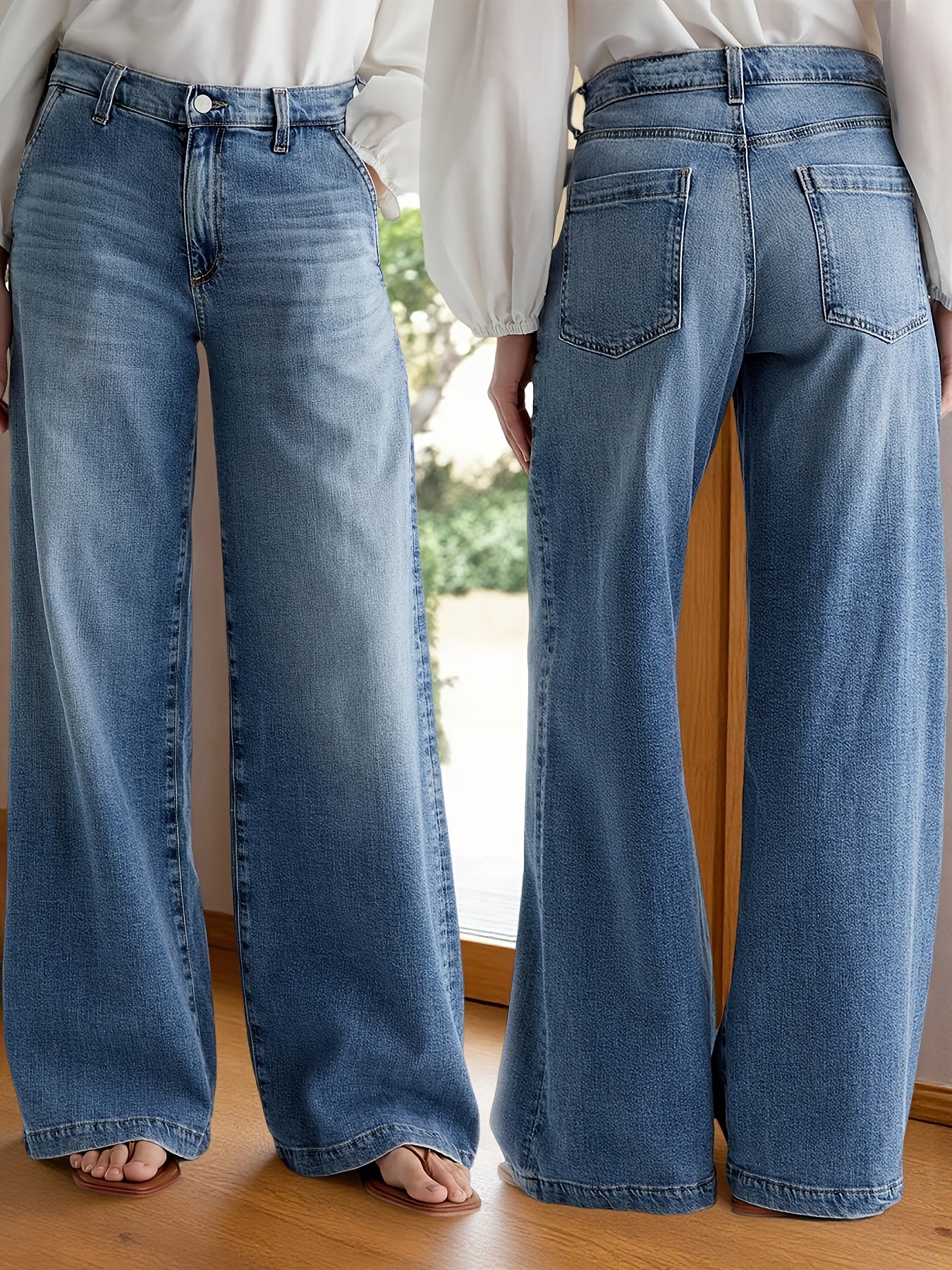 [Ladies Retro Denim Pants] Spring And Autumn New Ladies Retro Washed Wide-Leg Pants Elastic Joker Straight Loose Casual Denim Pants