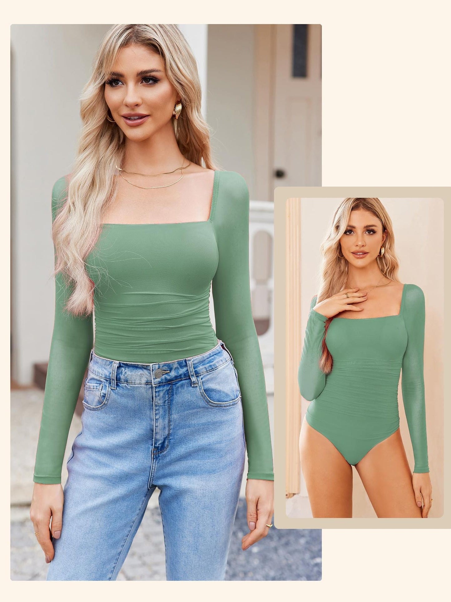 Women'S Square Neck Mesh Long Sleeve Bodysuit Shirts Ruched Body Suit Sexy Sheer Tops Date Night Outfit