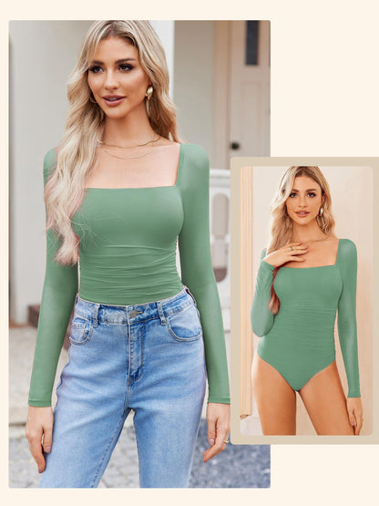 Women'S Square Neck Mesh Long Sleeve Bodysuit Shirts Ruched Body Suit Sexy Sheer Tops Date Night Outfit