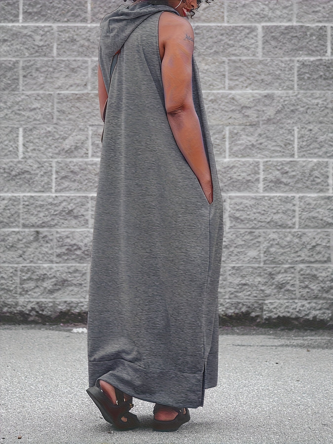Plus Size, Elegant Side Slits, Hooded Design, Side Pockets, Plus Size Vest with Hooded Long Skirt, Solid Color Basic Simple Vest Long Skirt, Comfortable And Stretchy
