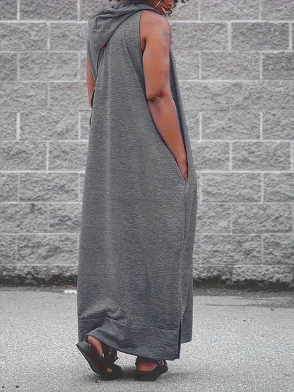 Plus Size, Elegant Side Slits, Hooded Design, Side Pockets, Plus Size Vest with Hooded Long Skirt, Solid Color Basic Simple Vest Long Skirt, Comfortable And Stretchy