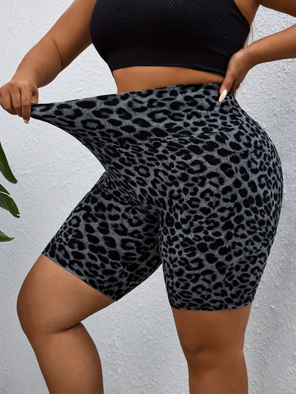 PLUS Size High Waist Leopard Print Sport Shorts With Side Pocket - Spring Summer New Arrivals