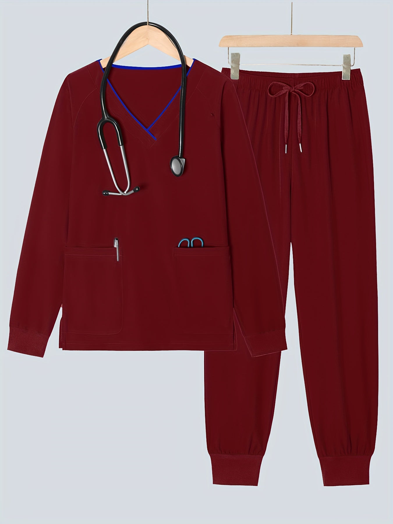 2pcs Women's V-Neck Matte Suit with Long Sleeve Stretch S Uniform Work Clothes Washable Pockets Breathable Elastic Top And Waist Cord Pocket Pants Set