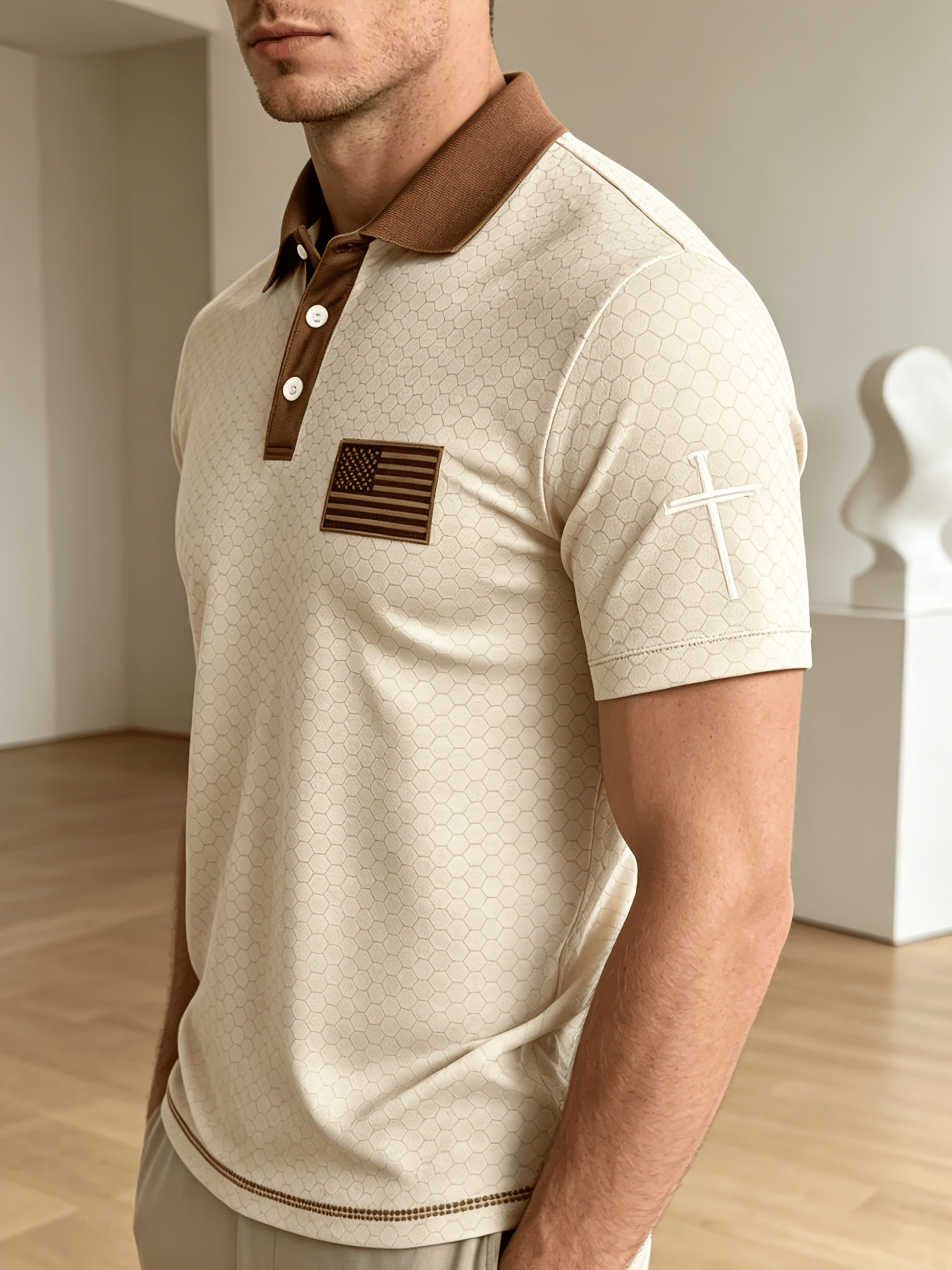 American Flag Gradient Cross Print Polo Shirt for Men's Casual Lapel Short Sleeved Patriotic Themed Commuting Top, American Flag Armband Contrasting Striped Short Sleeved Casual Business Lapel Top