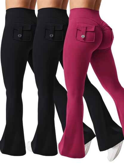 Women's Autumn 3pcs Set, New Style Casual Flared Yoga Pants, Training Flared Trousers, High-Waist Workwear with Belt and Pockets, Sportswear, Halloween Costume, Christmas Apparel