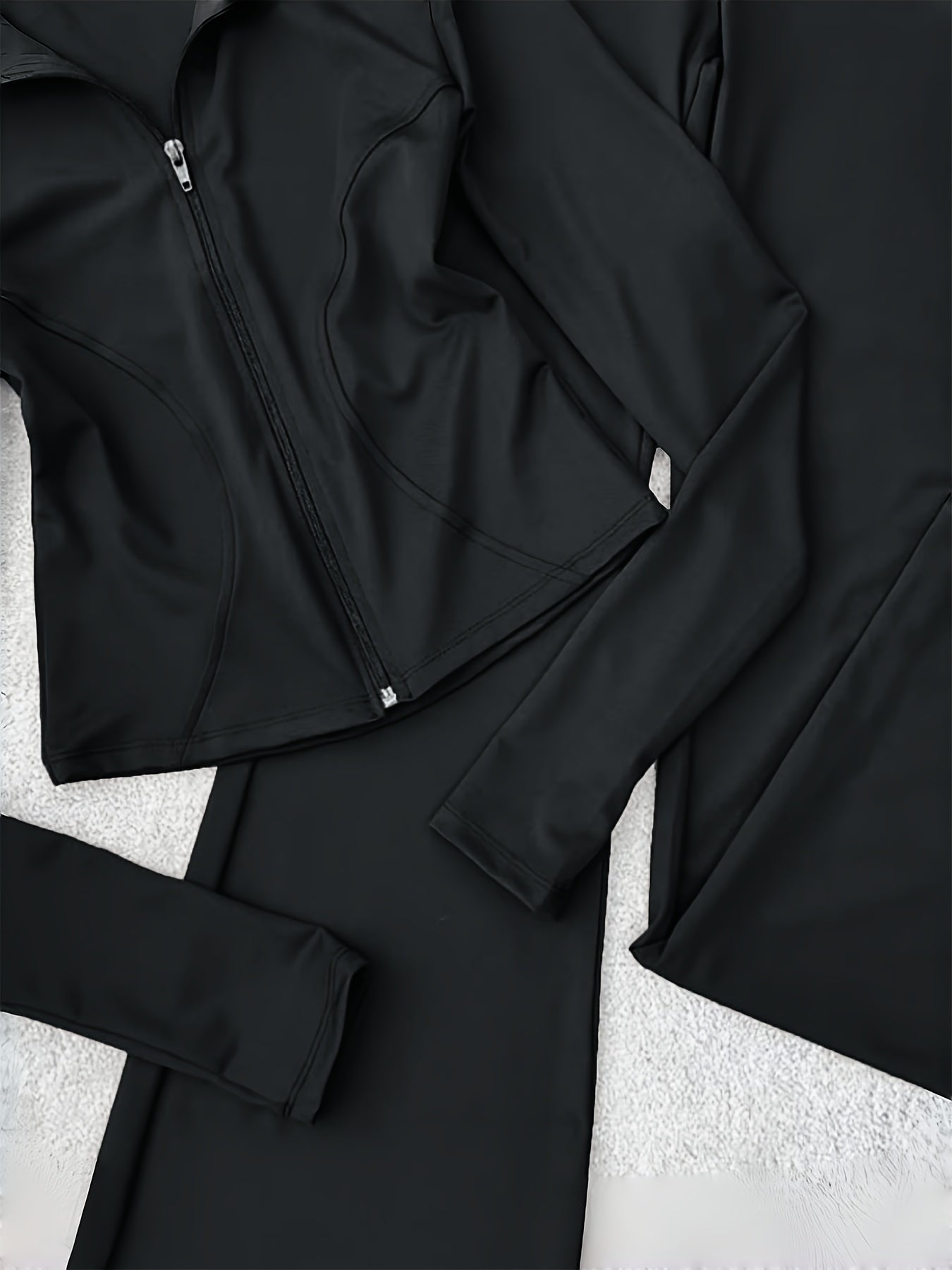 Zippered Long-sleeved Top with Flared Pants Set - Fashionable And Elegant Women's Outfit for Daily Casual Wear, And S. Available In Black, Gray And Beige Colors. Women's Tight Casual Outdoor Attire.