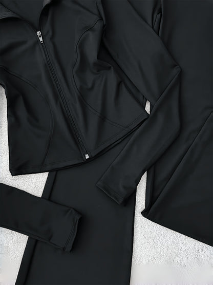 Zippered Long-sleeved Top with Flared Pants Set - Fashionable And Elegant Women's Outfit for Daily Casual Wear, And S. Available In Black, Gray And Beige Colors. Women's Tight Casual Outdoor Attire.