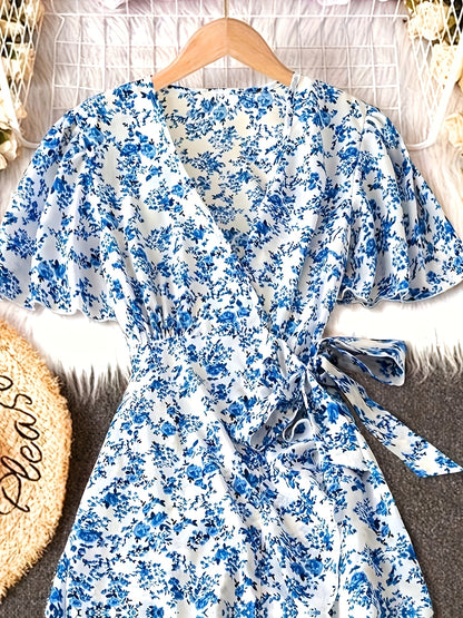 [Elegant Floral Dress] Floral Print Surplice Neck Dress, Elegant Short Sleeve Tie Waist Ruffle Hem Dress, Women's Clothing