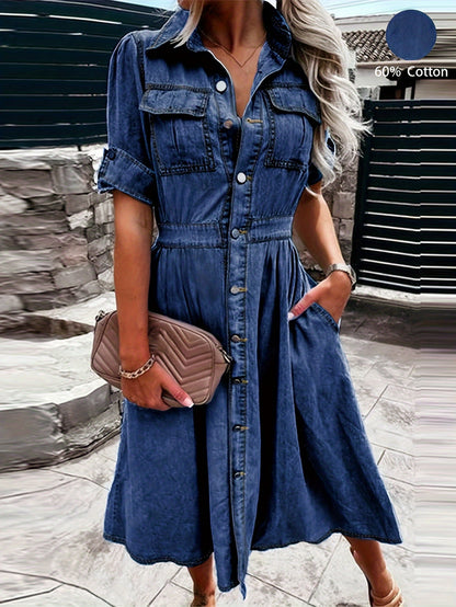 Cross Border Denim Skirt, Women'S Waist Trimming, Large Skirt Hem, Dress with Button Up V-Neck, Fashionable And Temperament, Women'S Skirt