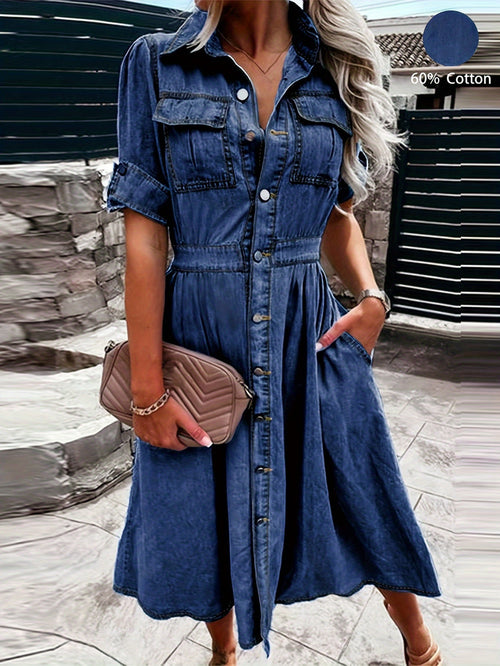 Cross Border Denim Skirt, Women'S Waist Trimming, Large Skirt Hem, Dress with Button Up V-Neck, Fashionable And Temperament, Women'S Skirt