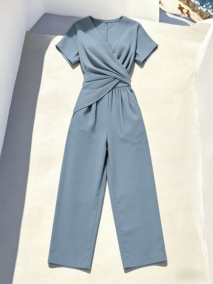 Women's 2pcs Stylish Short-Sleeve Set Summer Front Cross Tie Wide-Leg Pants Set Casual Irregular Top with Pockets Outfit Looser Fit: Order 1-2 Sizes Up.