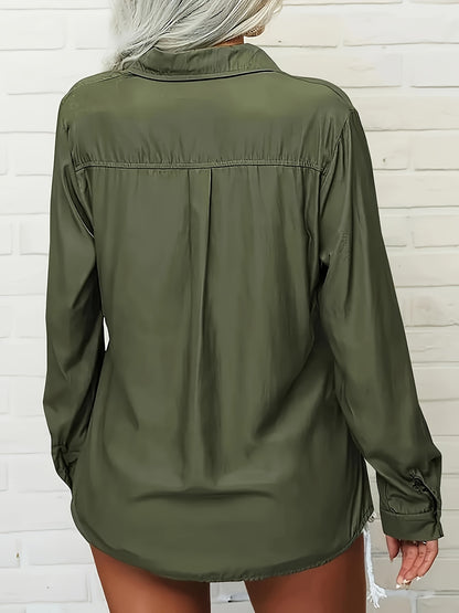 Women's Solid Color Lapel Long Sleeve Button- Shirt - Casual & Office Versatile Blouse, Machine Washable Spring/Fall Top with Classic Collar Design