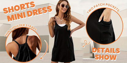 Women'S Summer Sleeveless Mini Dress, Style with Thin Straps, Short Dress Featuring Pockets