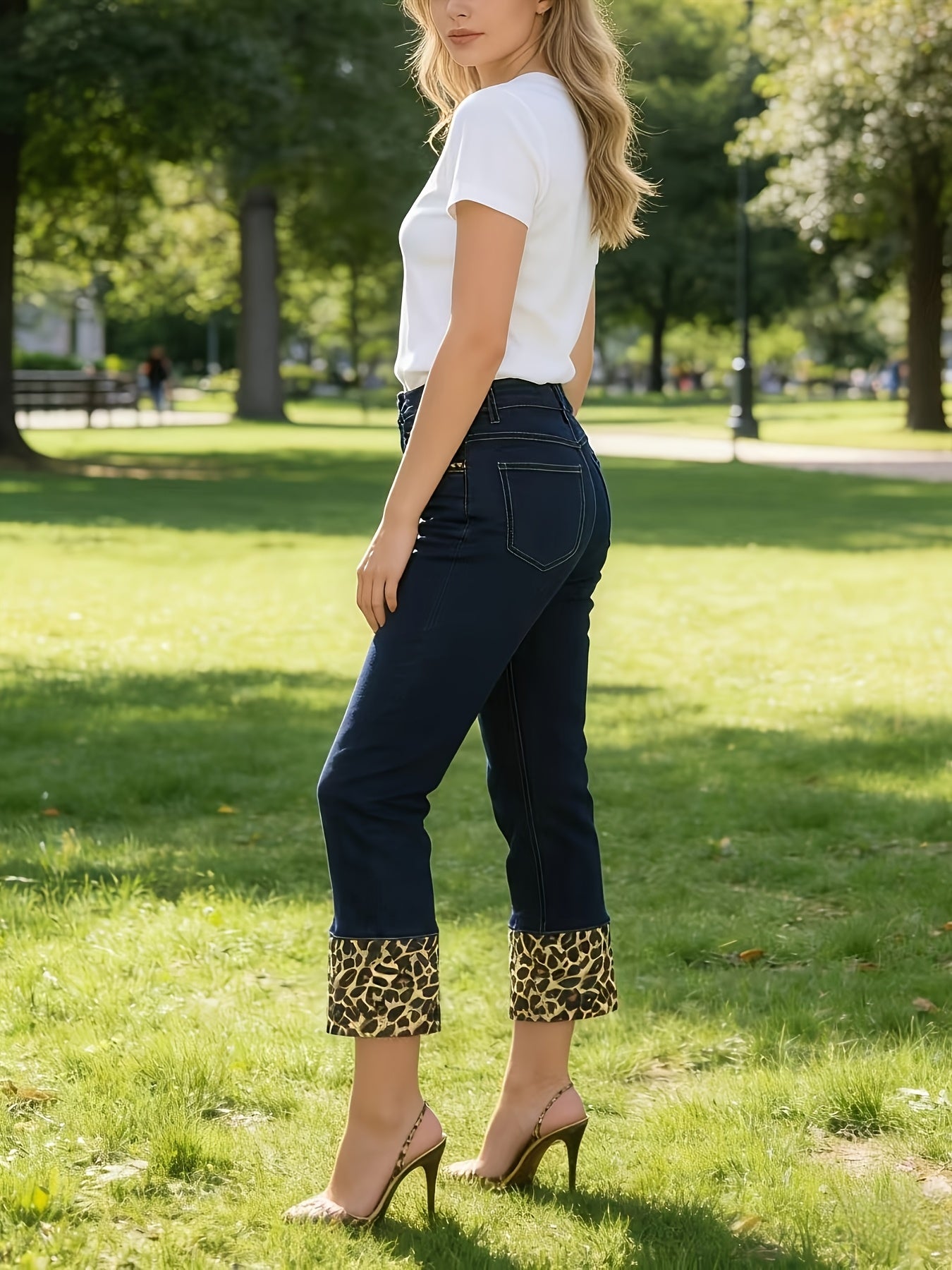 Y2K Hot Leopard Print Decor Jeans - High Waisted Butt Lifting Dark Wash Stretchy Denim Women'S Casual Streetwear Pants
