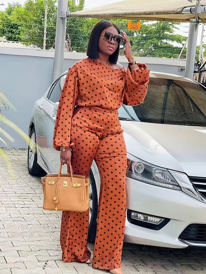 Spring Women'S Fashion Long-Sleeved Top And Long-Pants Loose Casual Off-Shoulder Suit with Polka Dot Print