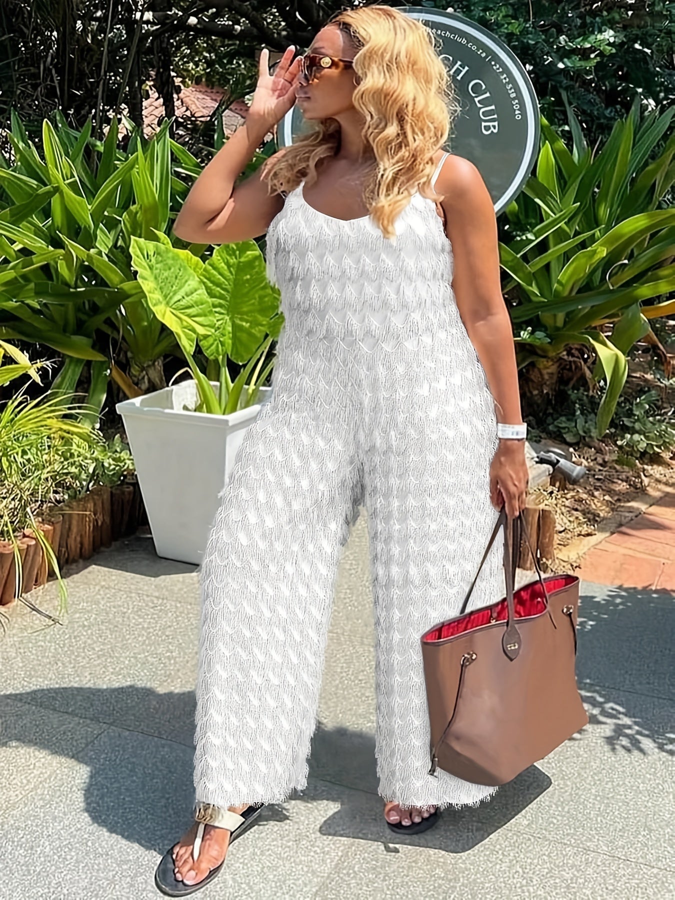 Plus Size, Plus Size Elegant Black Jumpsuit for Women - Chic Sleeveless V-Neck with Tassel Detail, Loose Fit, Polyester & Elastane Blend, Machine Washable - Perfect for All Seasons, Plus Size Jumpsuit