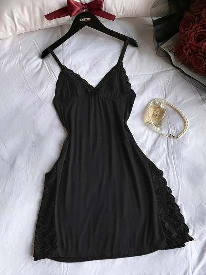 4pcs Of Women's Solid Lace Nightdress, Lace Panels, Skirt Side Slits, Sexy Lace Home Nightdress