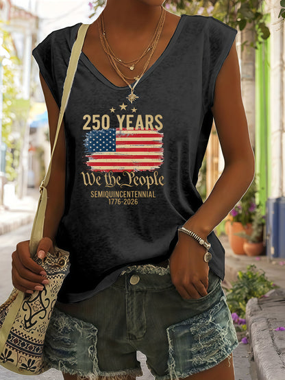 Casual American Flag Print VNeck Sleeveless Top, Soft Drape Loose Breathable Fabric Comfortable, Simple Chic Versatile Daily, Home Commute Outing Can Wear, Elegant Lazy Temperament