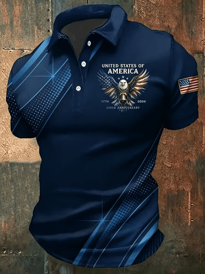Plus-Size Men'S Summer Short-Sleeve Polo Shirt, Men'S T-Shirt, Men'S Top, American-Style Commemorative Flag Print Short-Sleeve, Golden Lines Eagle Print Design, Flag Sleeve Badge, Business Casual Short-Sleeve Top, Plus Size