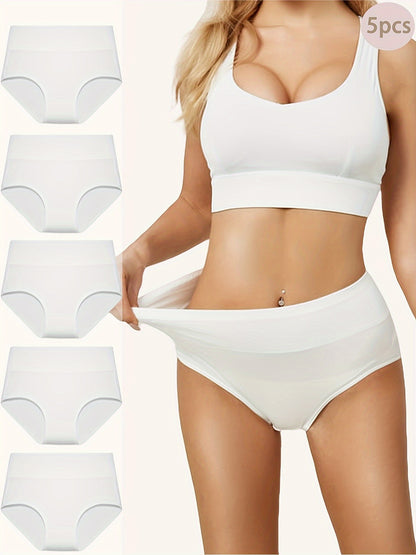5pcs High Waist Solid Color Briefs, Comfy, Soft, Breathable, Stretchy And Elegant Lingeries for Women