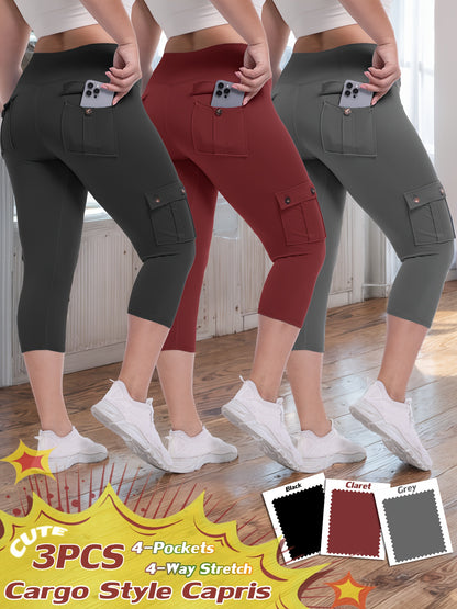 3-packs High Waist Yoga Capri Pants 3pcs Capri Pants Set, 4 Way Stretch Butt Lifting Tummy Control, 4 Button Pockets Workout Running Sports Pants