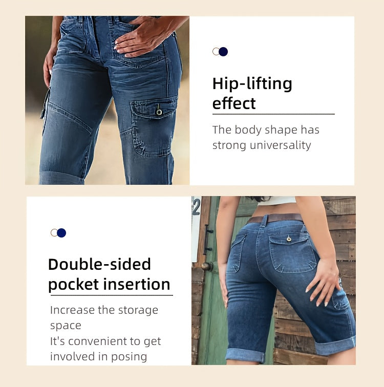 Cargo Casual Women Five Points You Jeans, Heavy Washing, Splicing Design Point, Elastic Fabric Comfortable And Hip Lifting, Women's Summer Leisure Jeans