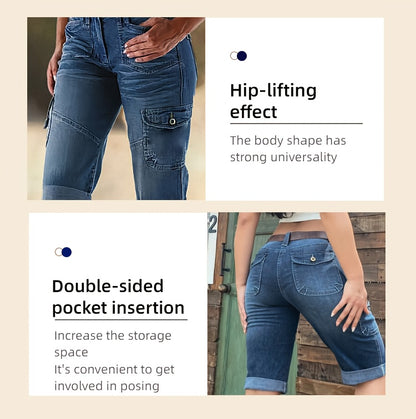 Cargo Casual Women Five Points You Jeans, Heavy Washing, Splicing Design Point, Elastic Fabric Comfortable And Hip Lifting, Women's Summer Leisure Jeans