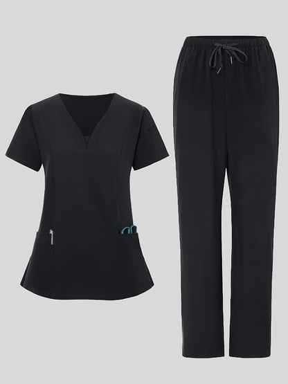 2pcs Women's Breathable V-Neck Work Uniform - Machine Washable Pocket Detail Matching Top & Pants, Casual Work Clothes Suitable for Work Uniforms, Healthcare, Education, Retail - Comfortable Professional Attire