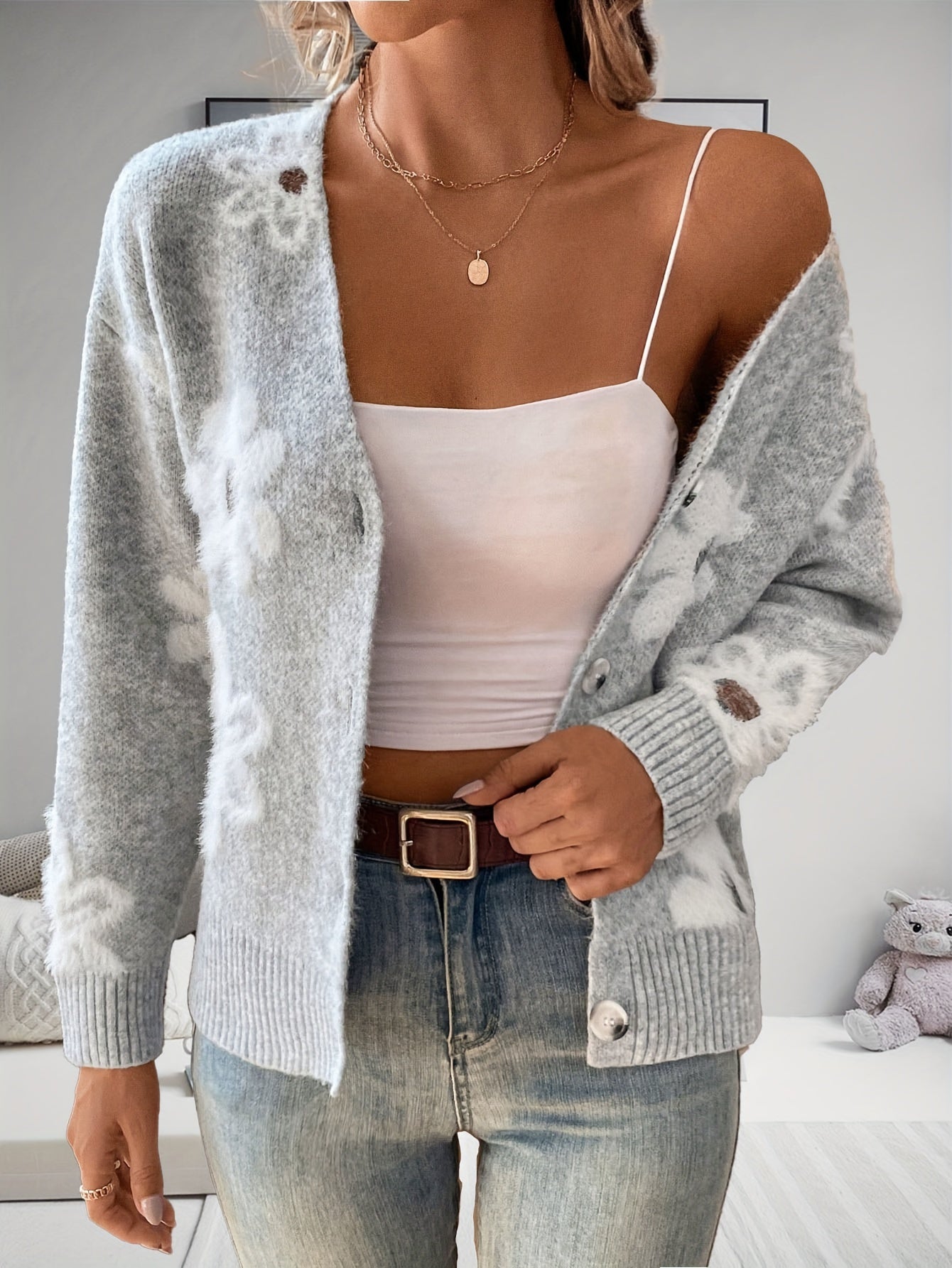 Floral Print Button-Front Cardigan, Long Sleeve V-Neck Knitted Top for Women, Spring & Fall Casual Wear