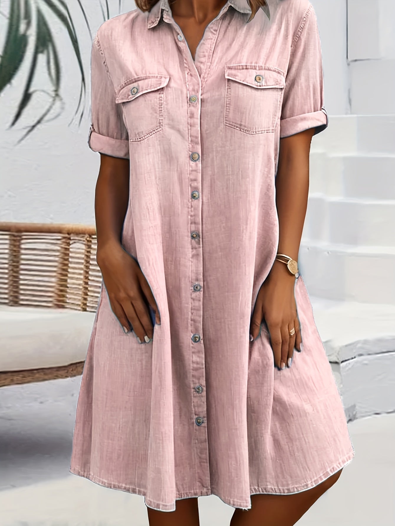 Women's Short Sleeve Shirt Collar Solid Color Buttons Midi Dress
