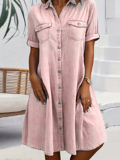 Women's Short Sleeve Shirt Collar Solid Color Buttons Midi Dress