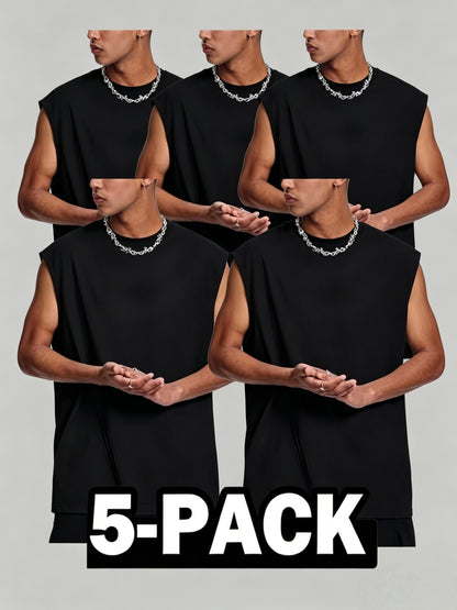 5pcs Men's Cotton Tank Tops, Black, White, Sleeveless Fitness Undershirts, Comfortable Breathable Round Neck Vests