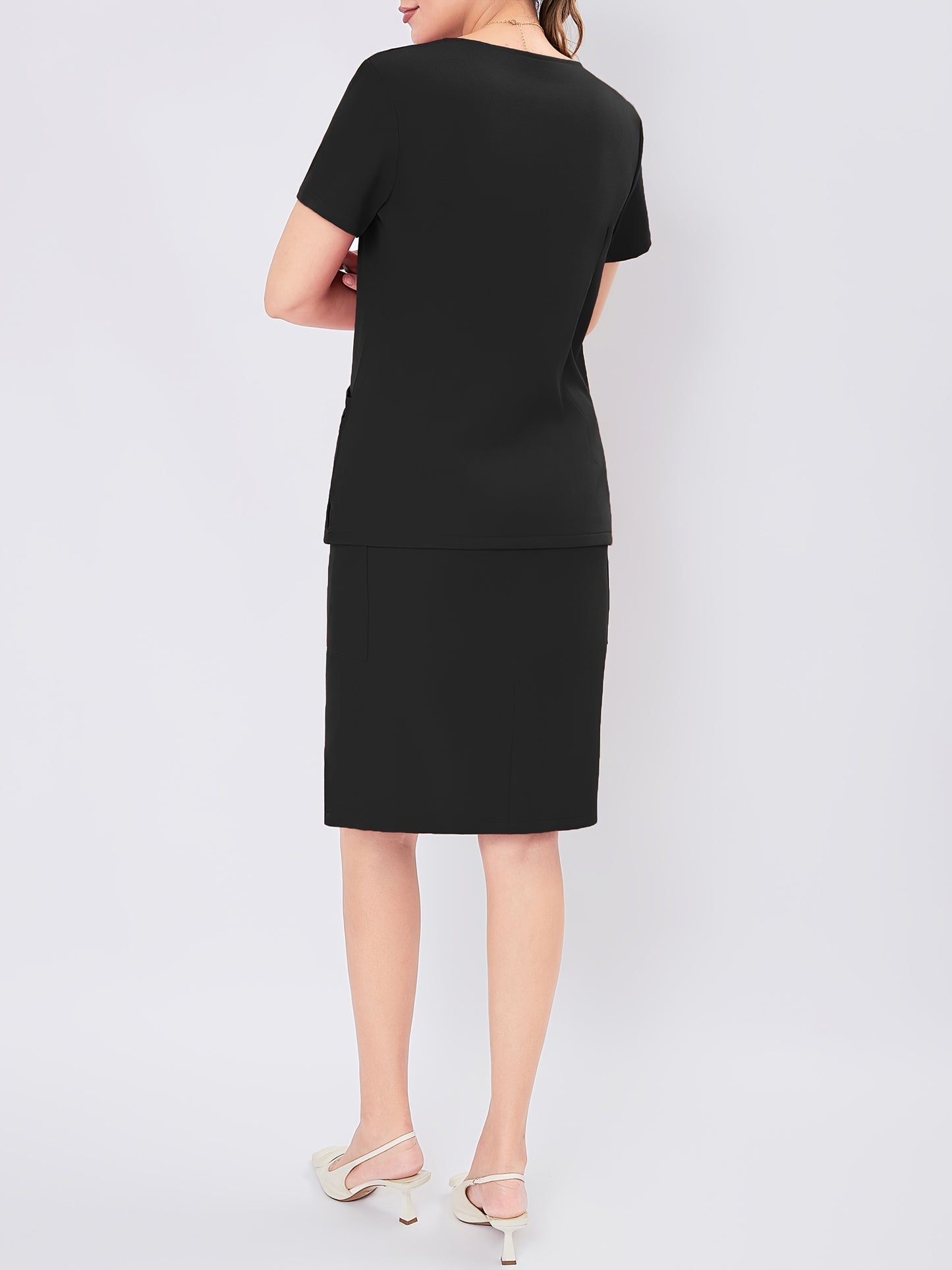 Women's V-Neck Button-Up Scrub Set, Fashionable Short Sleeve Beauty Salon Medical Hand Wash Uniform, Polyester Blend, Casual Style, Regular Fit, Solid Color, Straight Sleeve, Knee-Length Skirt with Pockets, Pullover Top