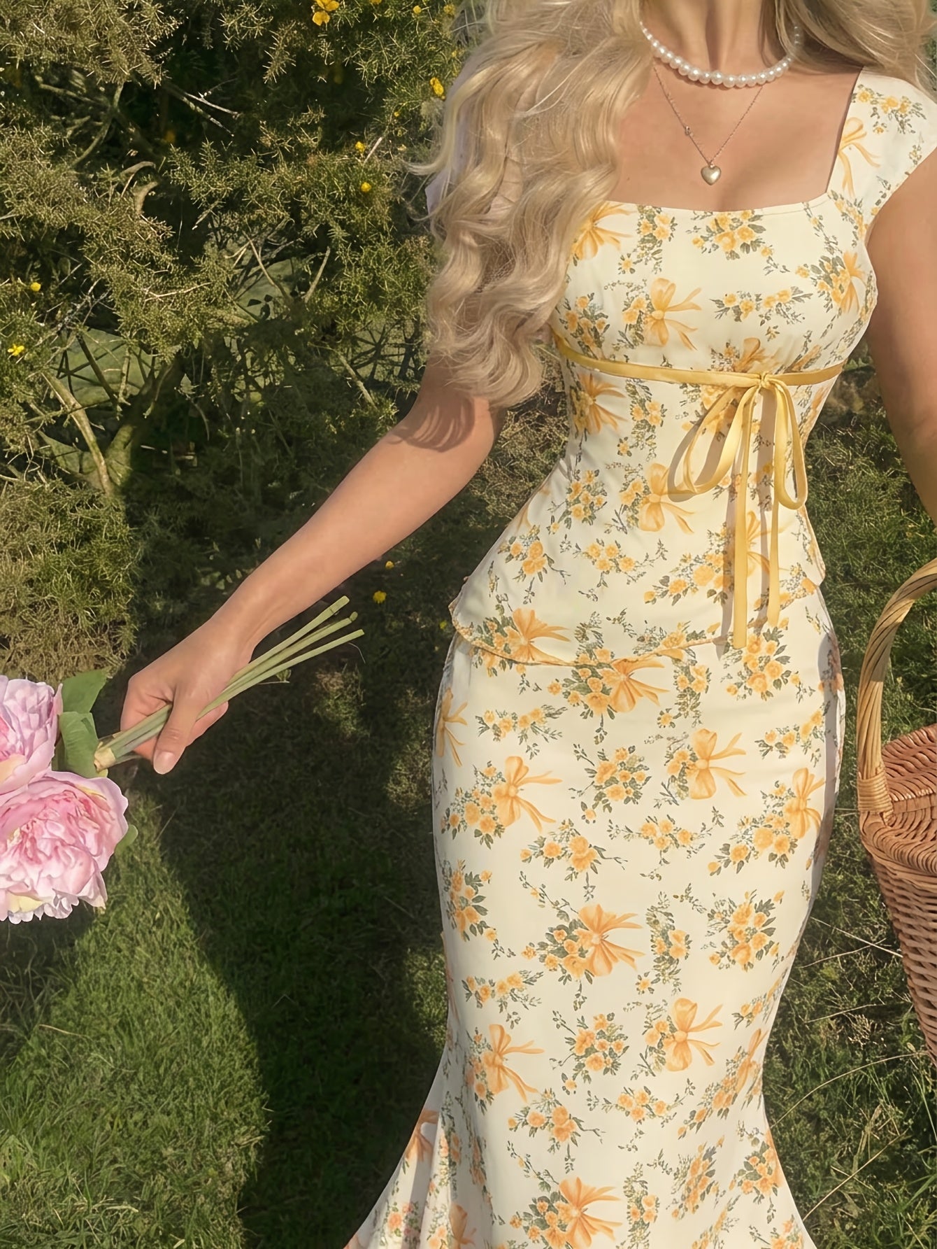 2pcs Women'S Square Neck Sleeveless Top And High-Waist Maxi Skirt Set Spring/Summer Style | Floral Print And Tie Trim Mermaid Hem Design, Gentle Vibe Ideal for Dates And Semi-Formal Occasions