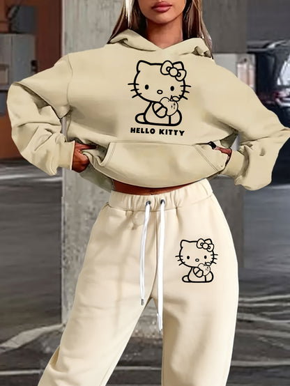 Women's Autumn and Winter Fashion Casual Sweater Casual Pants 2pcs Set, Printed with Sanrio Hello Kitty Pattern Print Design, Women's Casual Pants Set, Fashion Hooded Sweater + Drawstring Trousers 2pcs Set, Loose Version