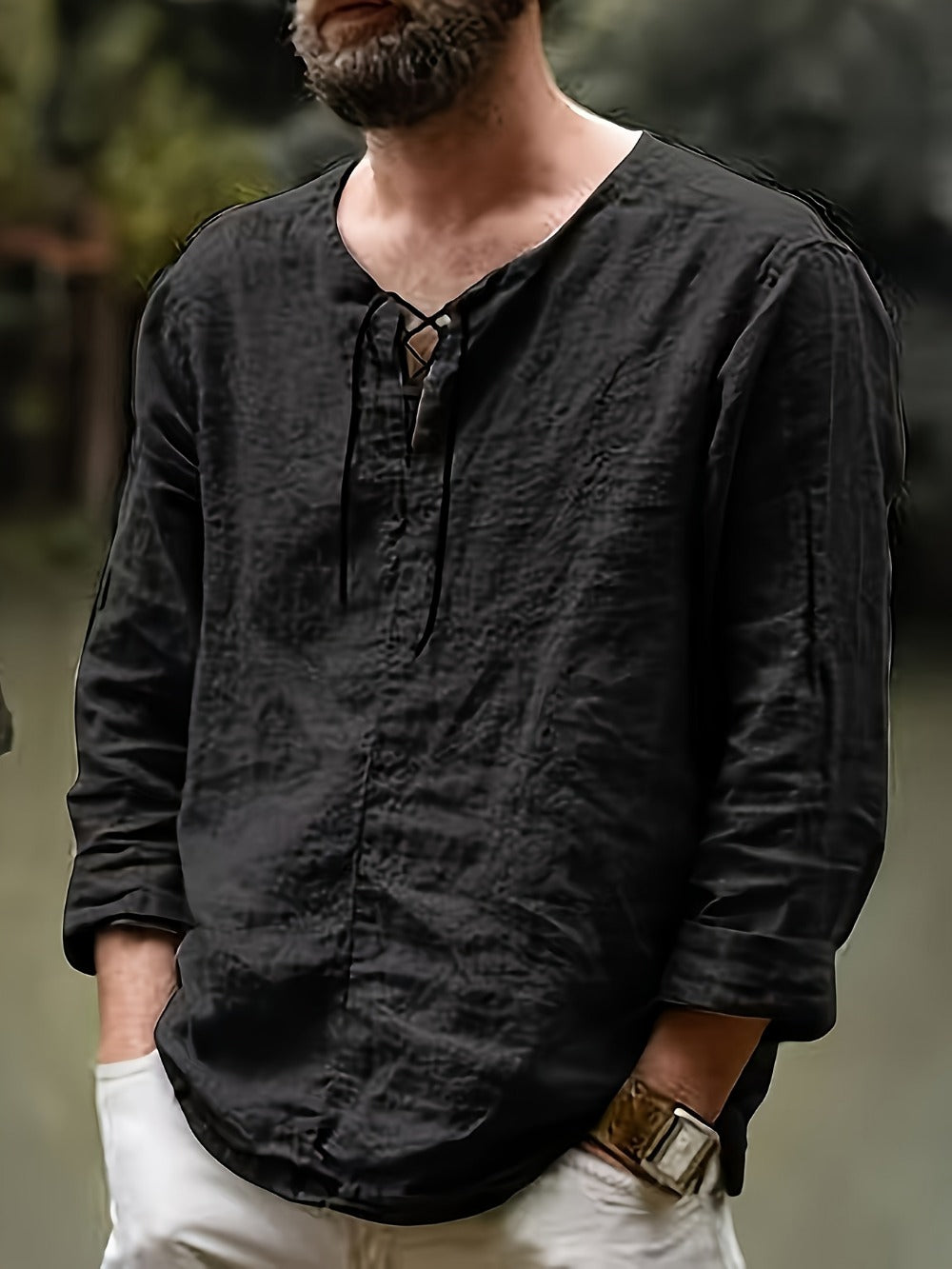 Men's Lace Detail Casual Shirt - V-Neck Long Sleeve