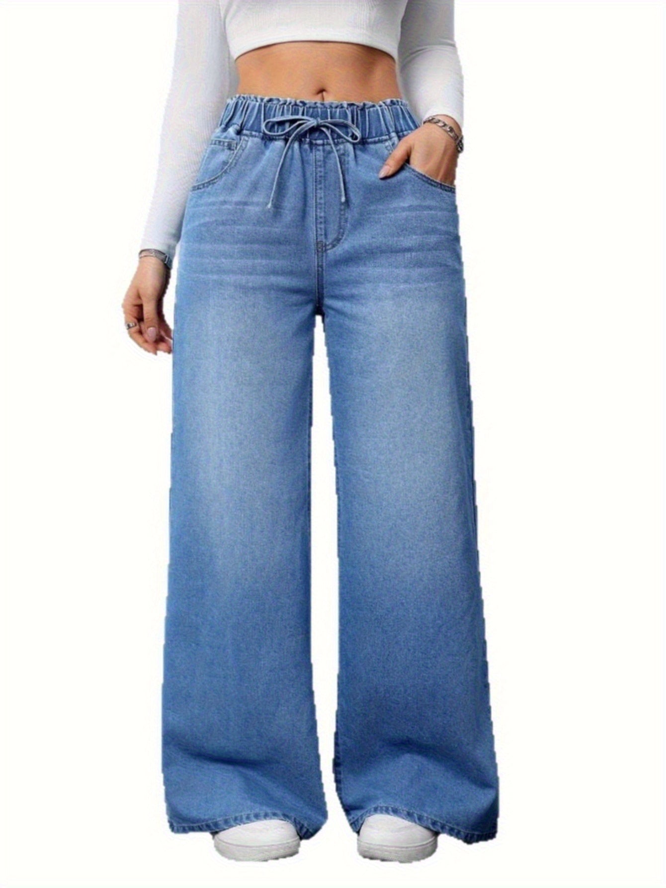 High-Waisted Wide-Leg Jeans, Super Charming Elastic Waist Thin Pants, Solid Color Washed, 2025 Autumn and Winter New