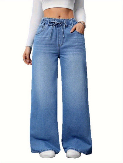 High-Waisted Wide-Leg Jeans, Super Charming Elastic Waist Thin Pants, Solid Color Washed, 2025 Autumn and Winter New