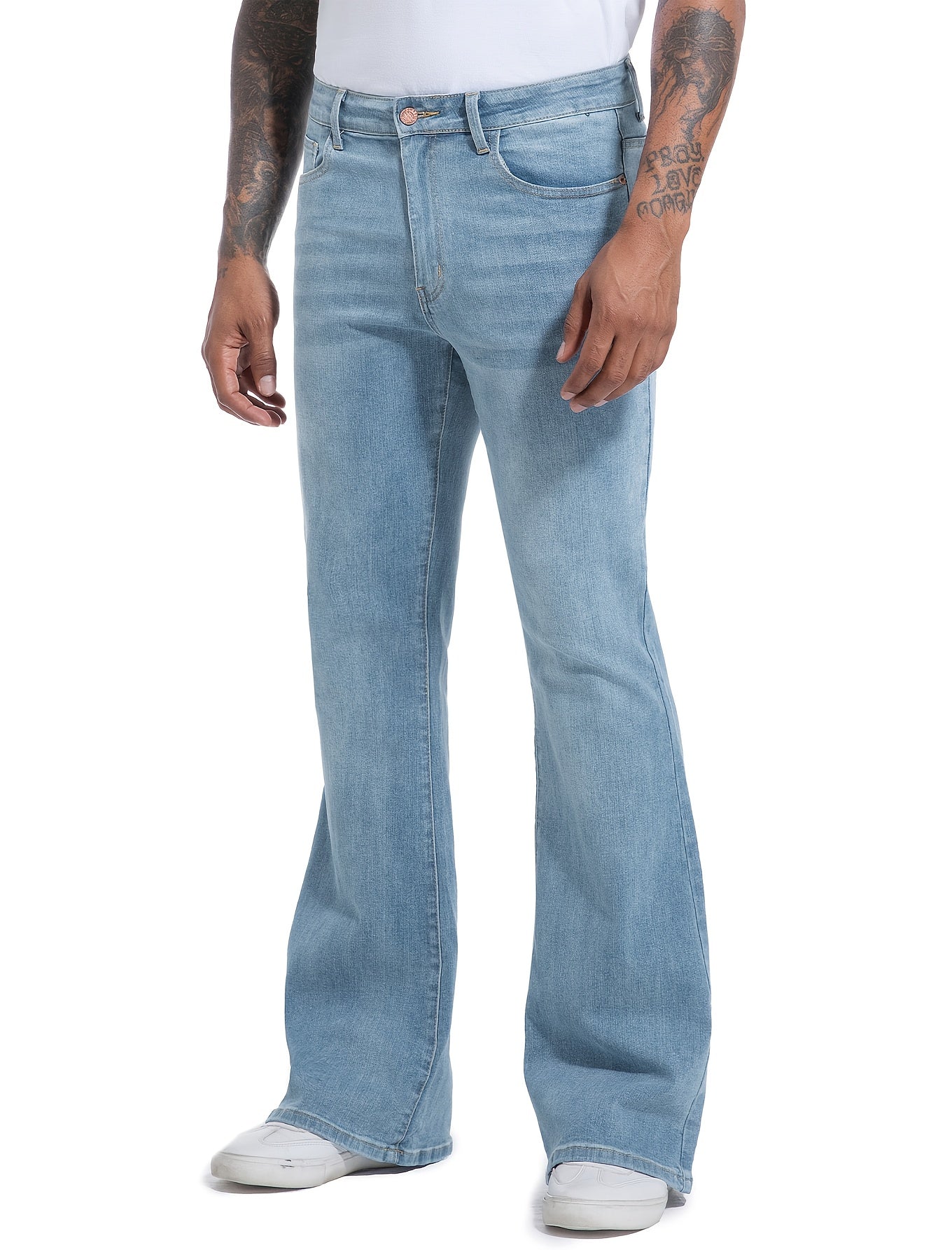 Men's Vintage 70s Retro Bell Bottom Jeans - Wide- Flare Pants with Mid-Stretch Blend, Beltless Suitable for Disco Parties, Night Out & Casual Attire, Machine Washable Mid-Rise Bottoms