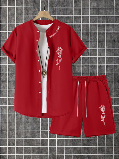 2pcs Printed Men's Summer Short Sleeve Button Shirt and Shorts Set